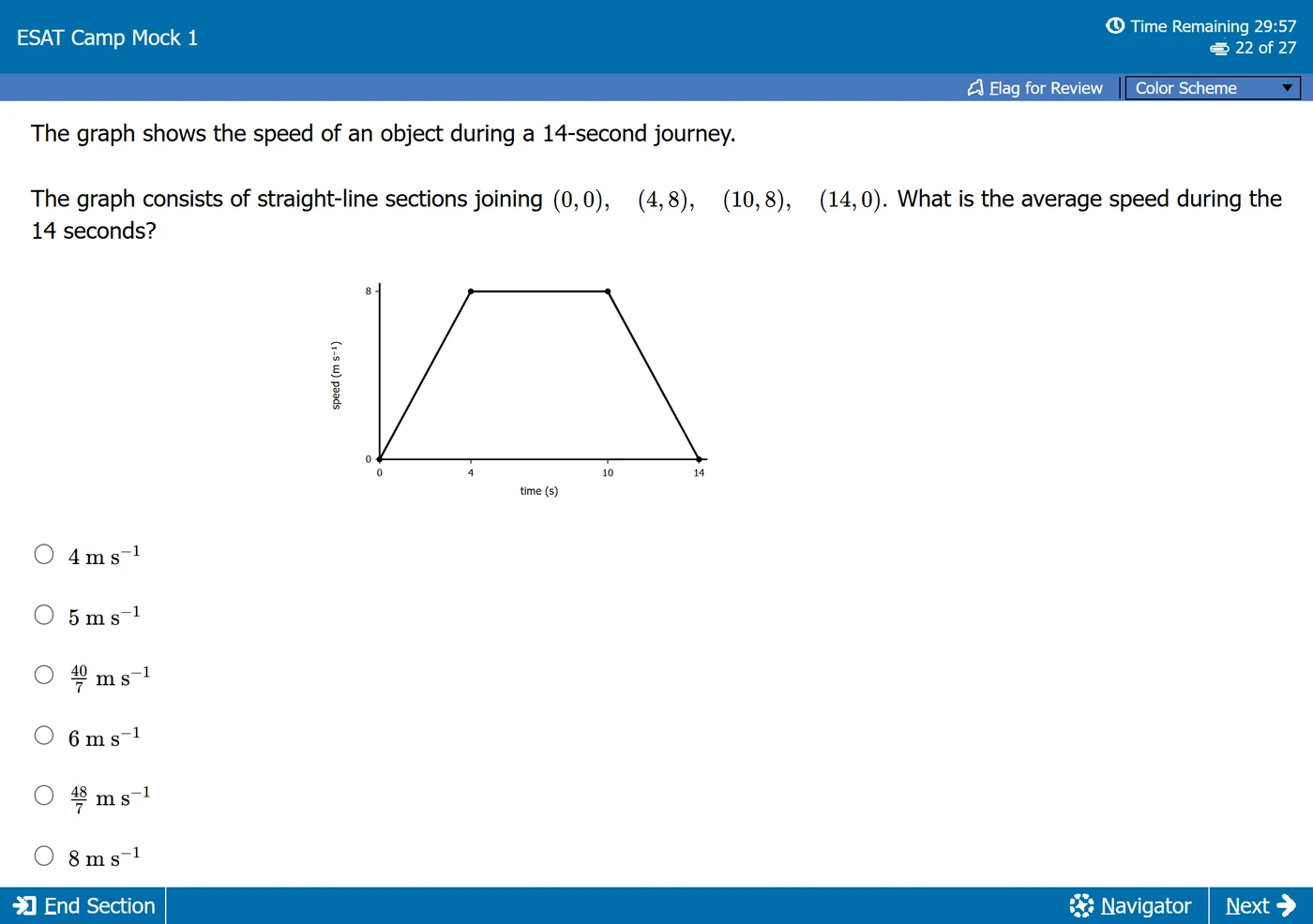 ESAT Camp Mock 1 exam player showing Maths 1 Mock question 22 with a speed-time graph